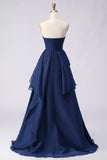 Navy Sweetheart A Line Ruffled Backless Long Prom Dress