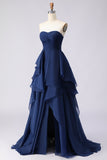 Navy Sweetheart A Line Ruffled Backless Long Prom Dress