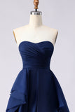 Navy Sweetheart A Line Ruffled Backless Long Prom Dress