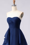 Navy Sweetheart A Line Ruffled Backless Long Prom Dress