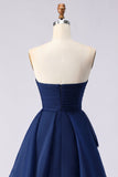 Navy Sweetheart A Line Ruffled Backless Long Prom Dress