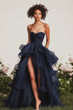 A Line Navy Sweetheart Flowy Maxi Formal Dress with Ruffles