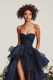 A Line Navy Sweetheart Flowy Maxi Formal Dress with Ruffles