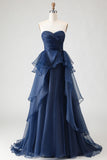 A Line Navy Sweetheart Flowy Maxi Formal Dress with Ruffles