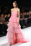 A Line Pink Strapless Ruffle Tiered Long Formal Dress with Slit