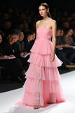 A Line Pink Strapless Ruffle Tiered Long Formal Dress with Slit