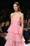 A Line Pink Strapless Ruffle Tiered Long Formal Dress with Slit