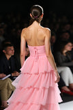 A Line Pink Strapless Ruffle Tiered Long Formal Dress with Slit