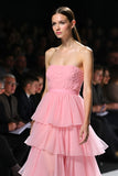 A Line Pink Strapless Ruffle Tiered Long Formal Dress with Slit