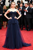 Sweetheart Navy Tiered Ruffle A Line Long Formal Dress with Embroidery