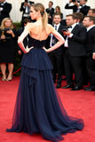 Sweetheart Navy Tiered Ruffle A Line Long Formal Dress with Embroidery