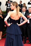 Sweetheart Navy Tiered Ruffle A Line Long Formal Dress with Embroidery
