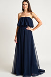 Strapless Navy Ruched A Line Long Formal Dress with Ruffles