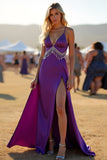 Dark Purple Sheath Satin Long Tassel Formal Dress with Slit
