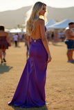 Dark Purple Sheath Satin Long Tassel Formal Dress with Slit