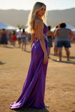 Dark Purple Sheath Satin Long Tassel Formal Dress with Slit