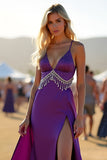 Dark Purple Sheath Satin Long Tassel Formal Dress with Slit