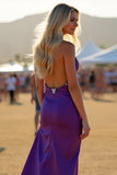 Dark Purple Sheath Satin Long Tassel Formal Dress with Slit