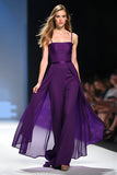 Spaghetti Straps Dark Purple Backless Long Formal Jumpsuit with Cape
