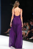 Spaghetti Straps Dark Purple Backless Long Formal Jumpsuit with Cape