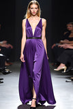 Deep V-Neck Dark Purple Long Formal Dress with Belt
