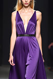 Deep V-Neck Dark Purple Long Formal Dress with Belt
