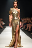 Stylish One Shoulder Golden Sheath Long Formal Dress with Slit