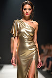 Stylish One Shoulder Golden Sheath Long Formal Dress with Slit