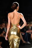 Metallic Golden Spaghetti Straps V-Neck Floor Length Formal Dress with Slit
