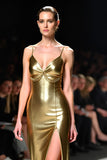 Metallic Golden Spaghetti Straps V-Neck Floor Length Formal Dress with Slit