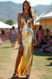 Metallic Deep V-Neck Golden Cut Out Sheath Long Formal Dress with Slit