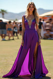 V Neck Dark Purple Beaded Long Formal Dress with Slit