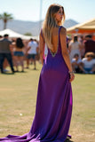 V Neck Dark Purple Beaded Long Formal Dress with Slit