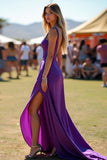 V Neck Dark Purple Beaded Long Formal Dress with Slit