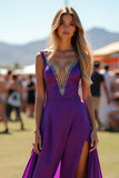 V Neck Dark Purple Beaded Long Formal Dress with Slit