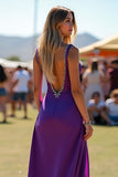 V Neck Dark Purple Beaded Long Formal Dress with Slit