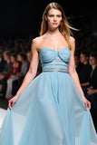 Grey Blue A Line Strapless Corset Long Formal Dress