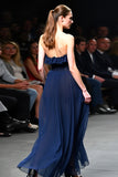 Navy Strapless A Line Sequined Long Formal Dress with Ruffles