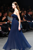 Navy Strapless A Line Sequined Long Formal Dress with Ruffles