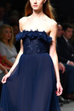 Navy Strapless A Line Sequined Long Formal Dress with Ruffles
