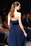 Navy Strapless A Line Sequined Long Formal Dress with Ruffles