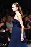 Navy Strapless A Line Sequined Long Formal Dress with Ruffles