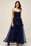 Navy Strapless Sweetheart A Line Ruffled Long Formal Dress