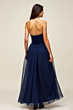 Navy Strapless Sweetheart A Line Ruffled Long Formal Dress