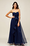 Navy Strapless Sweetheart A Line Ruffled Long Formal Dress