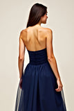 Navy Strapless Sweetheart A Line Ruffled Long Formal Dress