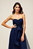 Navy Strapless Sweetheart A Line Ruffled Long Formal Dress