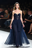 Flowy Navy Sweetheart Corset A Line Long Formal Dress
