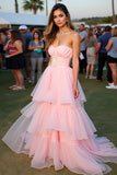 Blush Ball Gown Tiered Flowy Floor Length Formal Dress