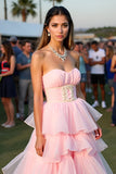 Blush Ball Gown Tiered Flowy Floor Length Formal Dress